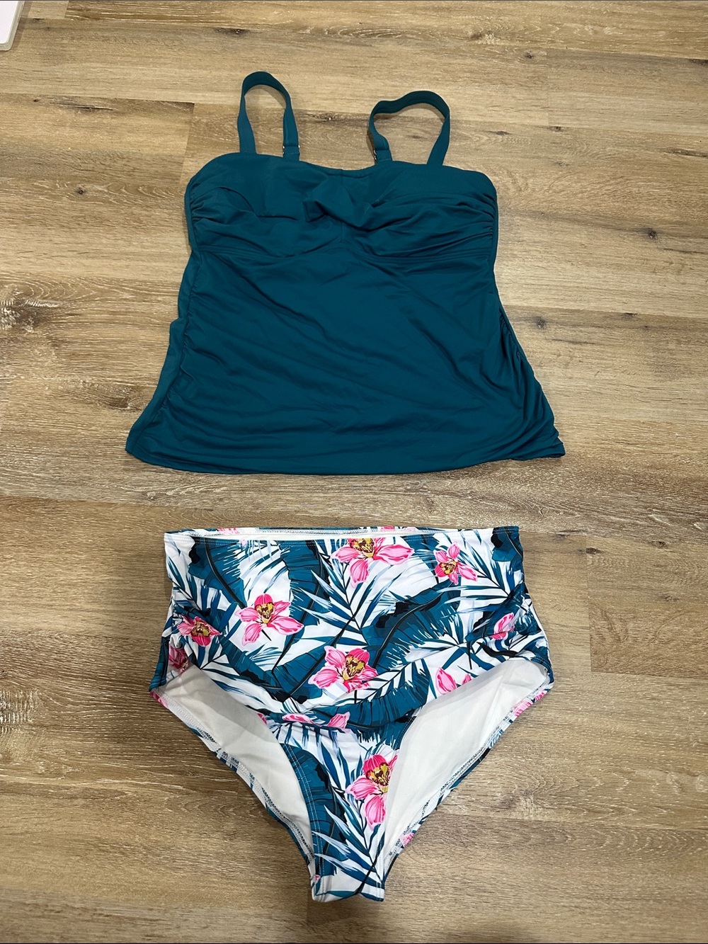 Teal Tankini Top with Tropical High-Waist Bikini Bottom - Women Swim Set